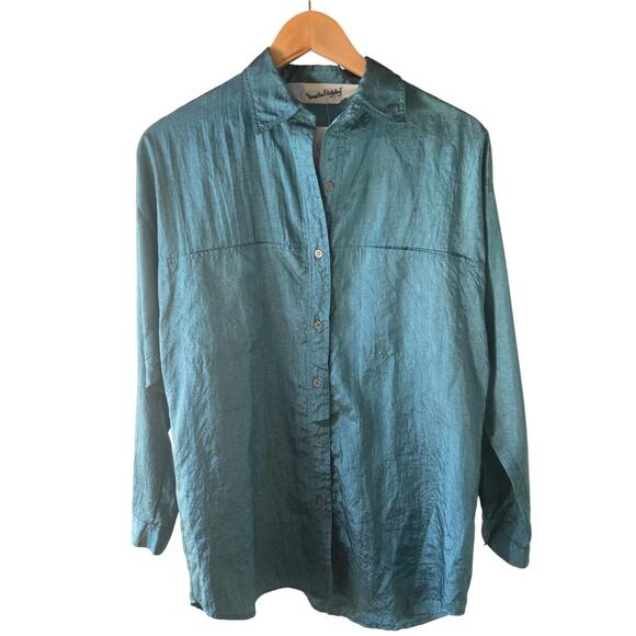 Vintage Diane Von Furstenberg Shirt Medium Blue Button Up Crinkle Retro 80s Top - Picture 1 of 6